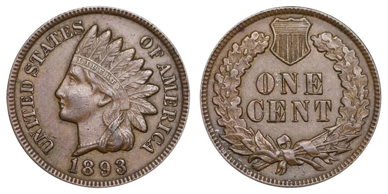 Group of 1893 Indian Head Penny specimens showing range of conditions from worn to uncirculated, or historical Philadelphia Mint building